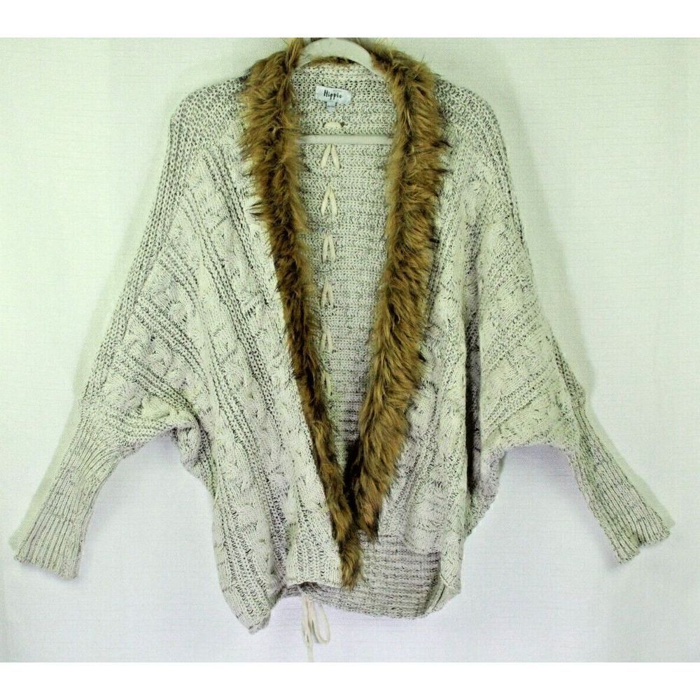 Military Hippie Open Cardigan Wrap Sweater Faux Fur Lace Up Back Womens One Size